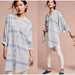 Maeve Anthropologie Lena Yarn Dye Off White Blue Oversized Boho Top Sz Small